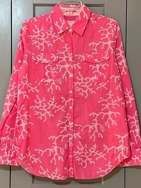 Lilly Pulitzer Coral Print Button Down Shirt Resort Fit Cotton Pink Womens Small